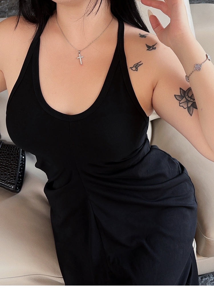 Zllkl Castilla Plus Size Solid Color V-Neck Halter Neck Pleated Waist Cinched Pleated Long Dress
