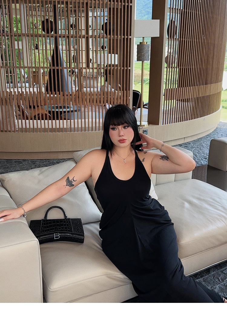 Zllkl Castilla Plus Size Solid Color V-Neck Halter Neck Pleated Waist Cinched Pleated Long Dress