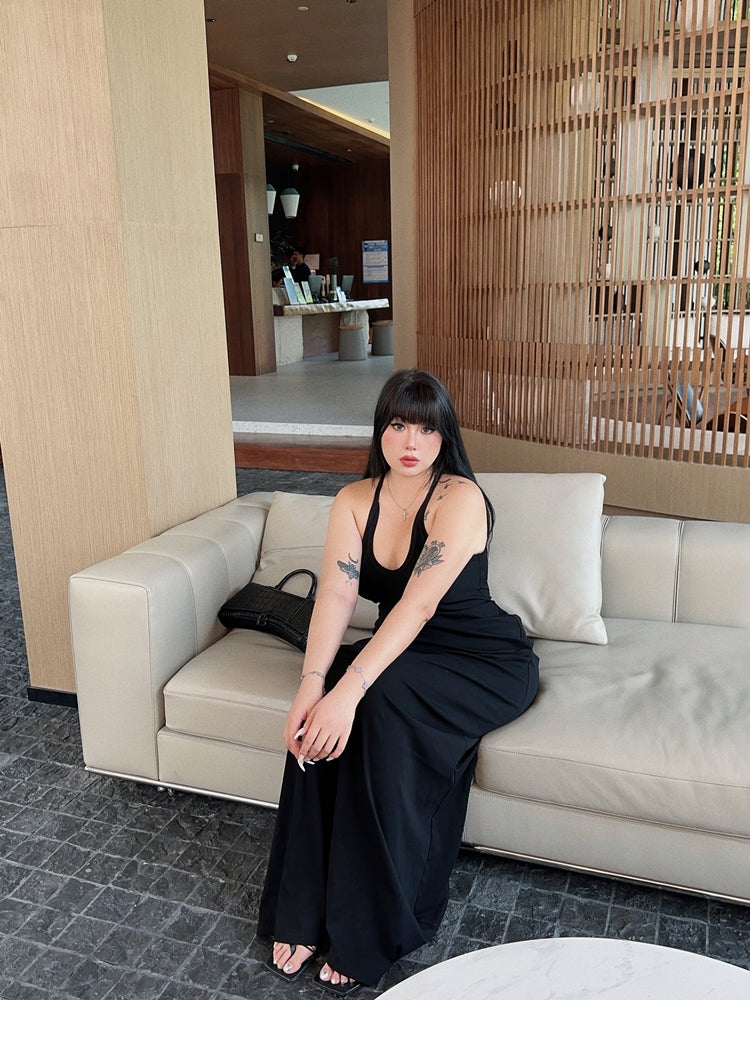 Zllkl Castilla Plus Size Solid Color V-Neck Halter Neck Pleated Waist Cinched Pleated Long Dress