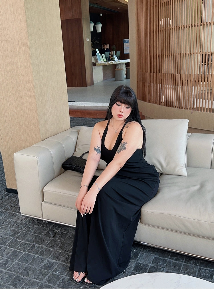 Zllkl Castilla Plus Size Solid Color V-Neck Halter Neck Pleated Waist Cinched Pleated Long Dress