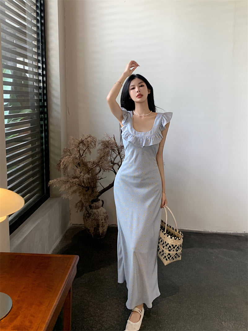 Zllkl Kia Solid Color Blue Floral Square Neck Slip Wide Ruffle Flying Sleeve Backless A-Line Long Dress