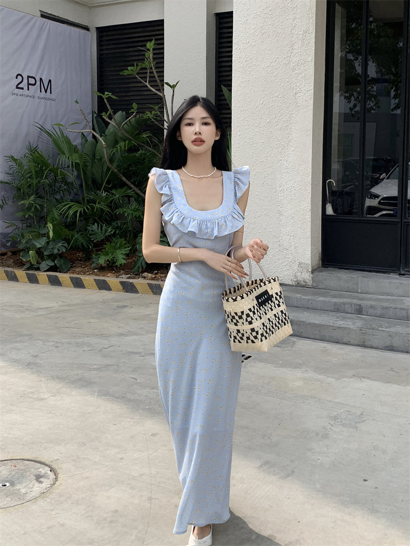 Zllkl Kia Solid Color Blue Floral Square Neck Slip Wide Ruffle Flying Sleeve Backless A-Line Long Dress