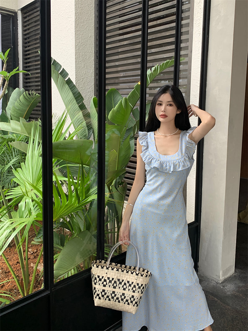 Zllkl Kia Solid Color Blue Floral Square Neck Slip Wide Ruffle Flying Sleeve Backless A-Line Long Dress