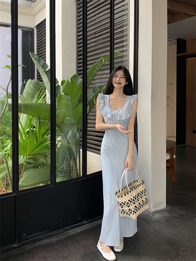 Zllkl Kia Solid Color Blue Floral Square Neck Slip Wide Ruffle Flying Sleeve Backless A-Line Long Dress