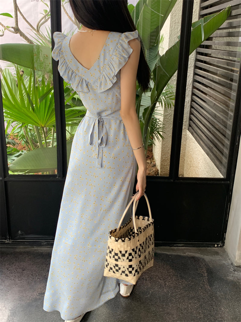 Zllkl Kia Solid Color Blue Floral Square Neck Slip Wide Ruffle Flying Sleeve Backless A-Line Long Dress