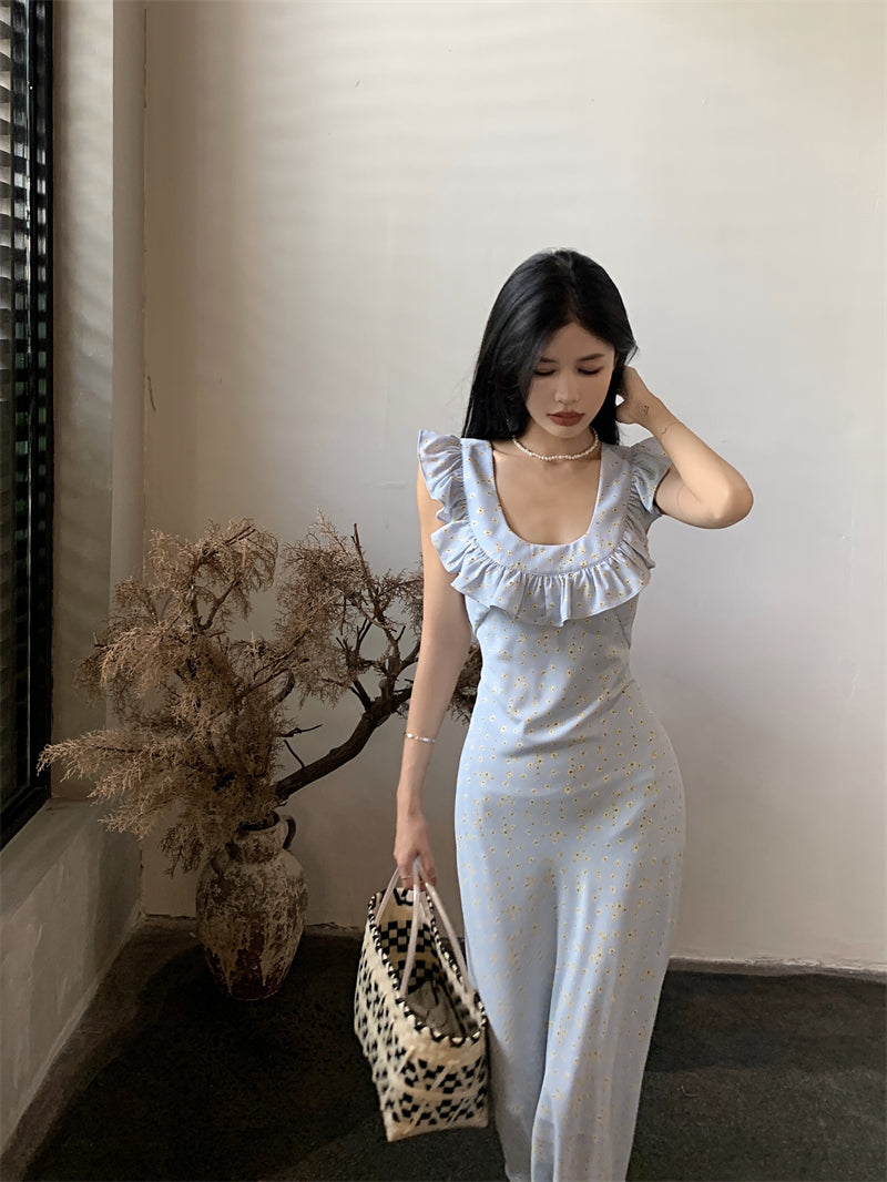 Zllkl Kia Solid Color Blue Floral Square Neck Slip Wide Ruffle Flying Sleeve Backless A-Line Long Dress