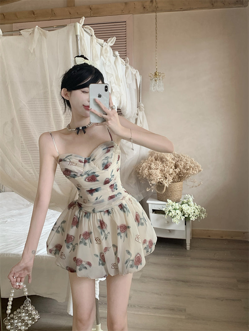 Zllkl Marinette White French Oil Painting Floral Slip V-Neck Mini Dress