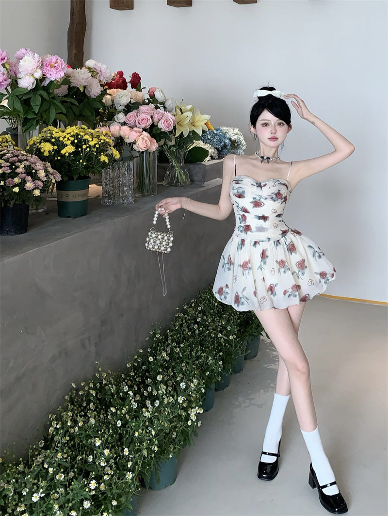 Zllkl Marinette White French Oil Painting Floral Slip V-Neck Mini Dress
