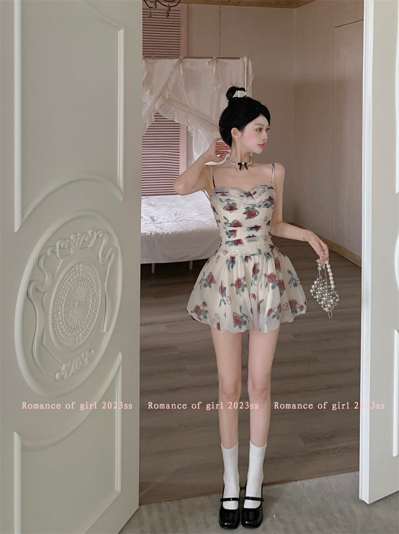 Zllkl Marinette White French Oil Painting Floral Slip V-Neck Mini Dress