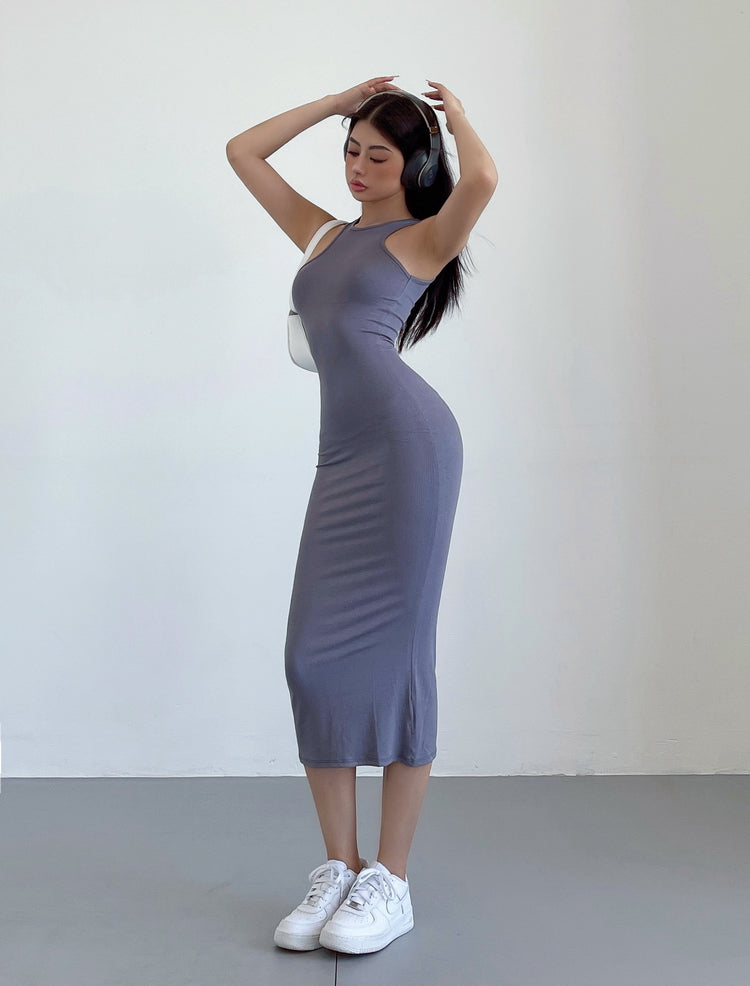 Zllkl Kim Solid Color Halter Neck Sleeveless Slim Long Dress