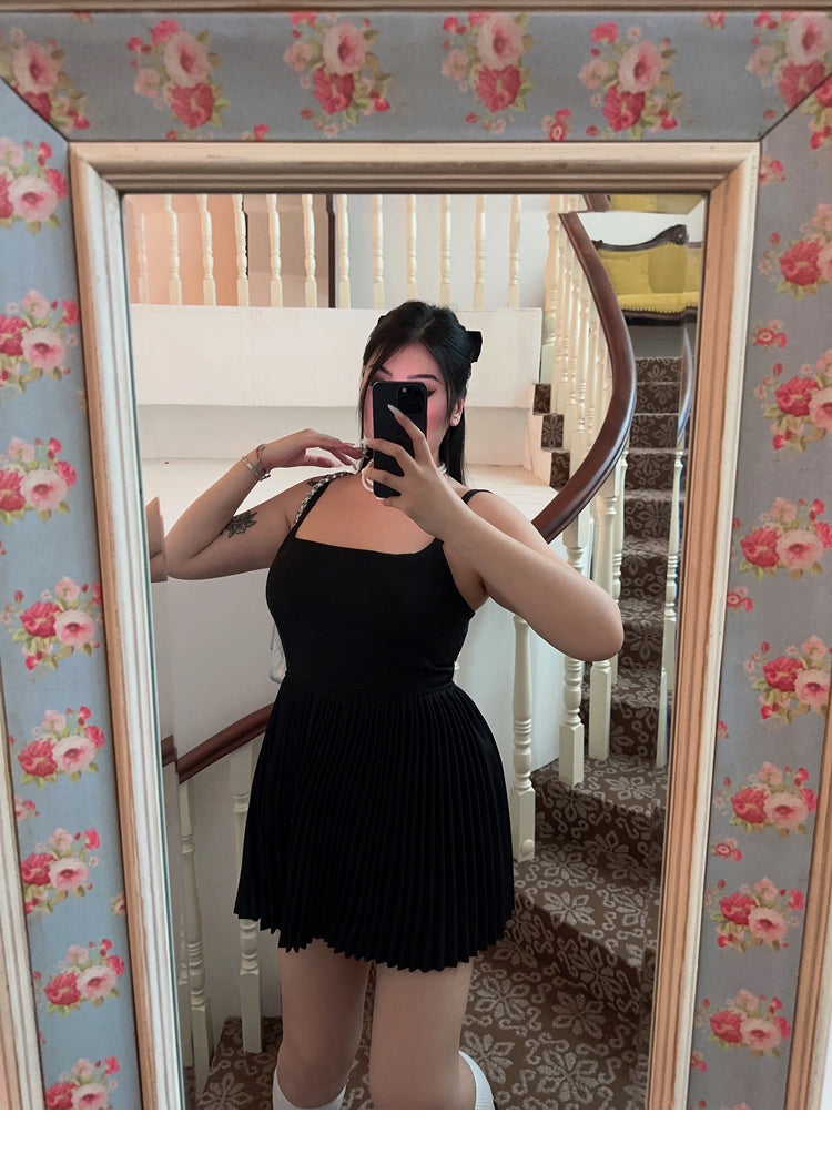 Zllkl Lora Plus Size Solid Color Black Slim Spaghetti Strap Bandeau Pleated Mini Dress