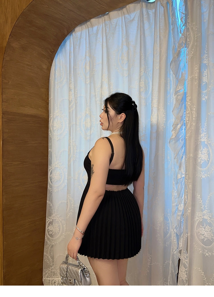 Zllkl Lora Plus Size Solid Color Black Slim Spaghetti Strap Bandeau Pleated Mini Dress