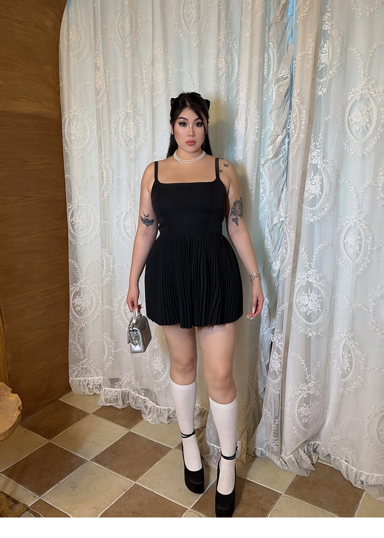 Zllkl Lora Plus Size Solid Color Black Slim Spaghetti Strap Bandeau Pleated Mini Dress