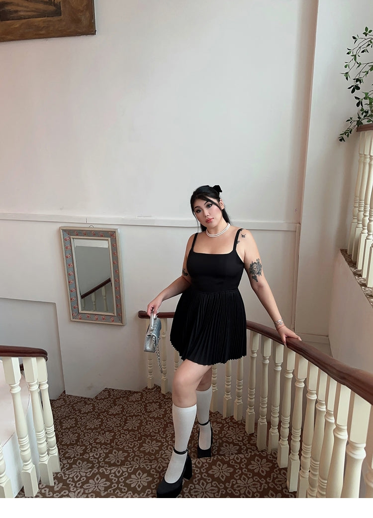 Zllkl Lora Plus Size Solid Color Black Slim Spaghetti Strap Bandeau Pleated Mini Dress