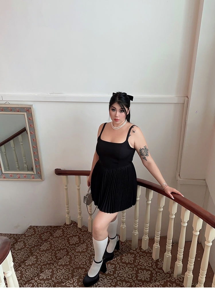 Zllkl Lora Plus Size Solid Color Black Slim Spaghetti Strap Bandeau Pleated Mini Dress