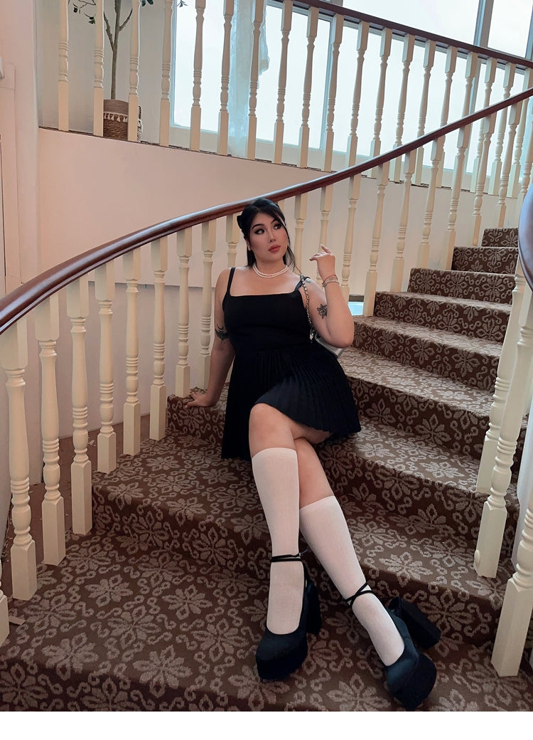 Zllkl Lora Plus Size Solid Color Black Slim Spaghetti Strap Bandeau Pleated Mini Dress