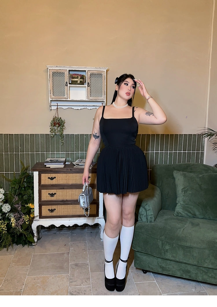Zllkl Lora Plus Size Solid Color Black Slim Spaghetti Strap Bandeau Pleated Mini Dress