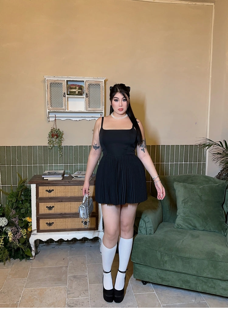 Zllkl Lora Plus Size Solid Color Black Slim Spaghetti Strap Bandeau Pleated Mini Dress