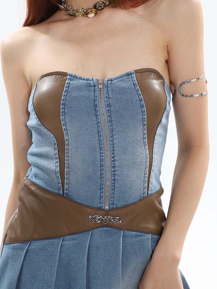Zllkl Latavia Denim Blue Paneled Leather Bandeau Sleeveless Pleated Mini Dress