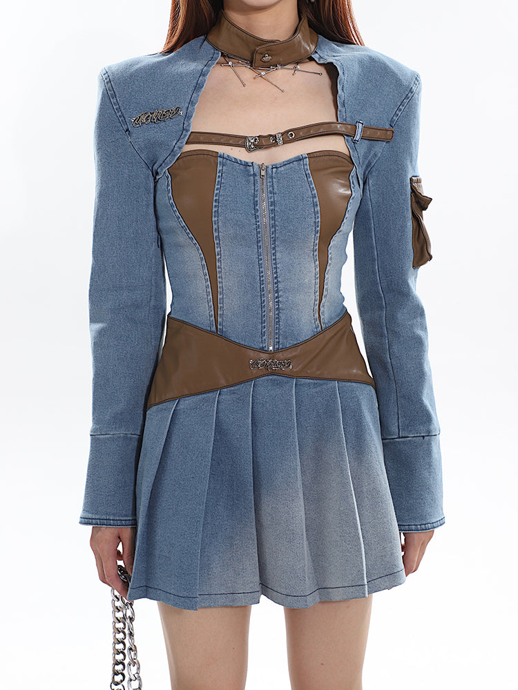 Zllkl Latavia Denim Blue Paneled Leather Bandeau Sleeveless Pleated Mini Dress