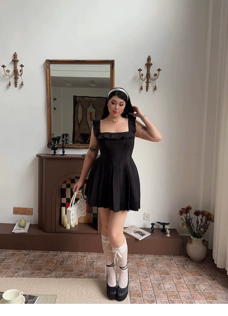 Zllkl Franchessca Solid Color Black Plus Size Spaghetti Strap Slip Pleated Mini Dress