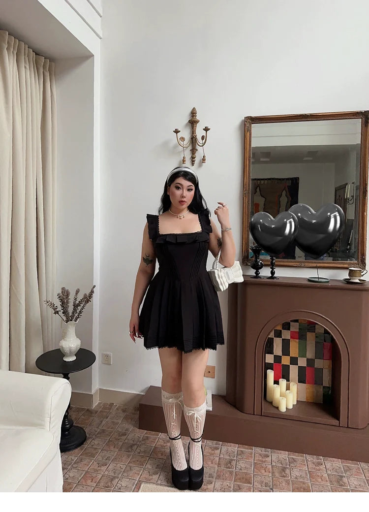 Zllkl Franchessca Solid Color Black Plus Size Spaghetti Strap Slip Pleated Mini Dress