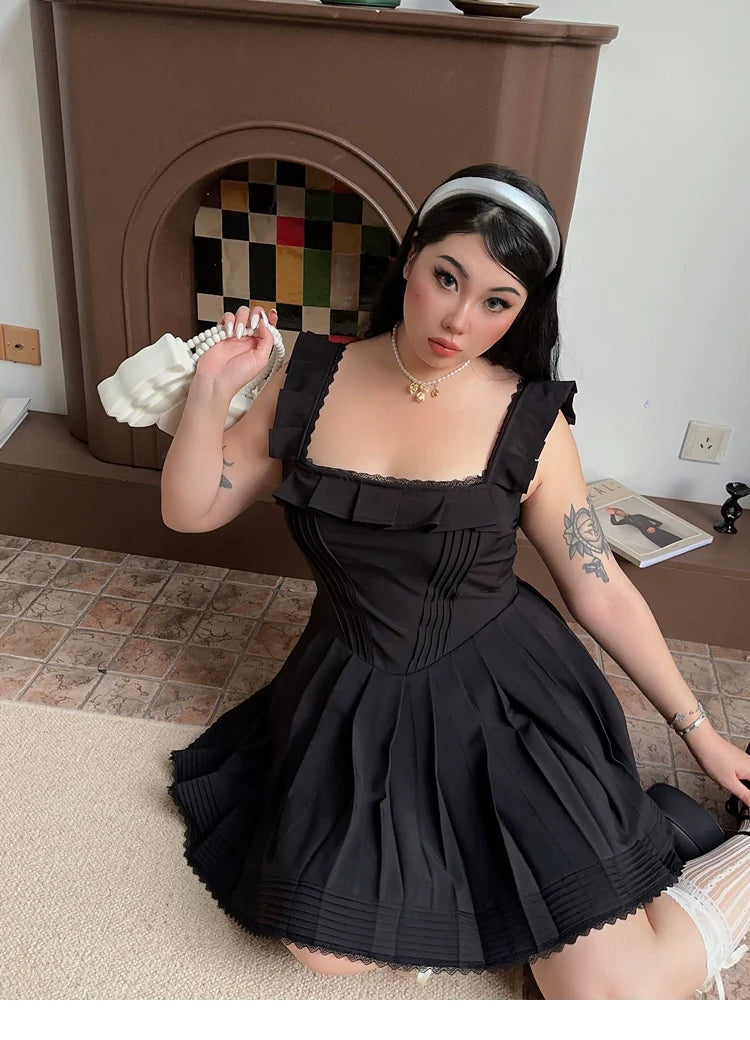 Zllkl Franchessca Solid Color Black Plus Size Spaghetti Strap Slip Pleated Mini Dress