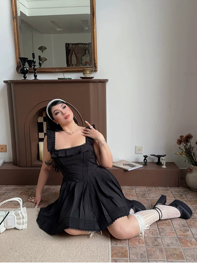 Zllkl Franchessca Solid Color Black Plus Size Spaghetti Strap Slip Pleated Mini Dress