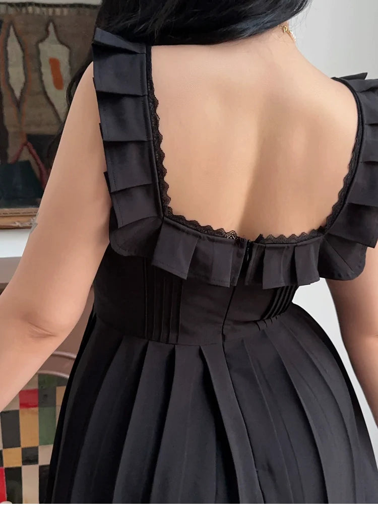 Zllkl Franchessca Solid Color Black Plus Size Spaghetti Strap Slip Pleated Mini Dress