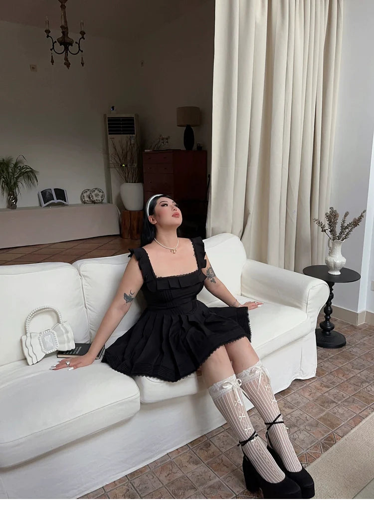 Zllkl Franchessca Solid Color Black Plus Size Spaghetti Strap Slip Pleated Mini Dress