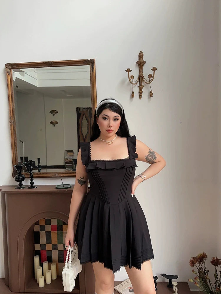 Zllkl Franchessca Solid Color Black Plus Size Spaghetti Strap Slip Pleated Mini Dress