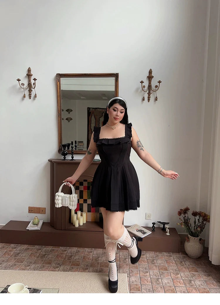 Zllkl Franchessca Solid Color Black Plus Size Spaghetti Strap Slip Pleated Mini Dress