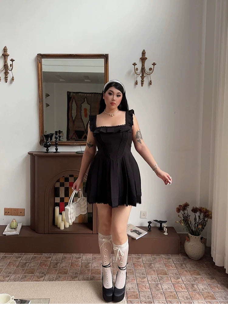 Zllkl Franchessca Solid Color Black Plus Size Spaghetti Strap Slip Pleated Mini Dress