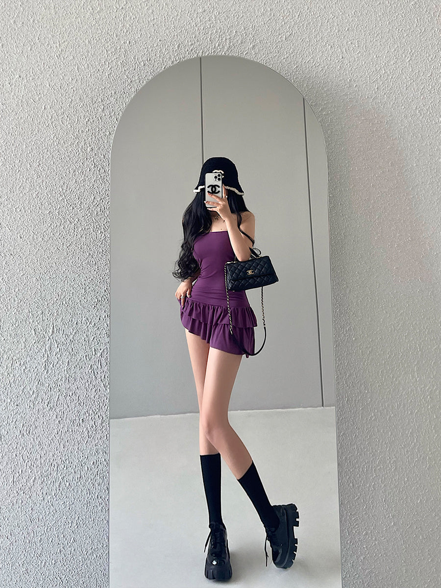 Zllkl Naya Solid Color Slim Folds Bandeau Double Ruffled Layer Mini Dress