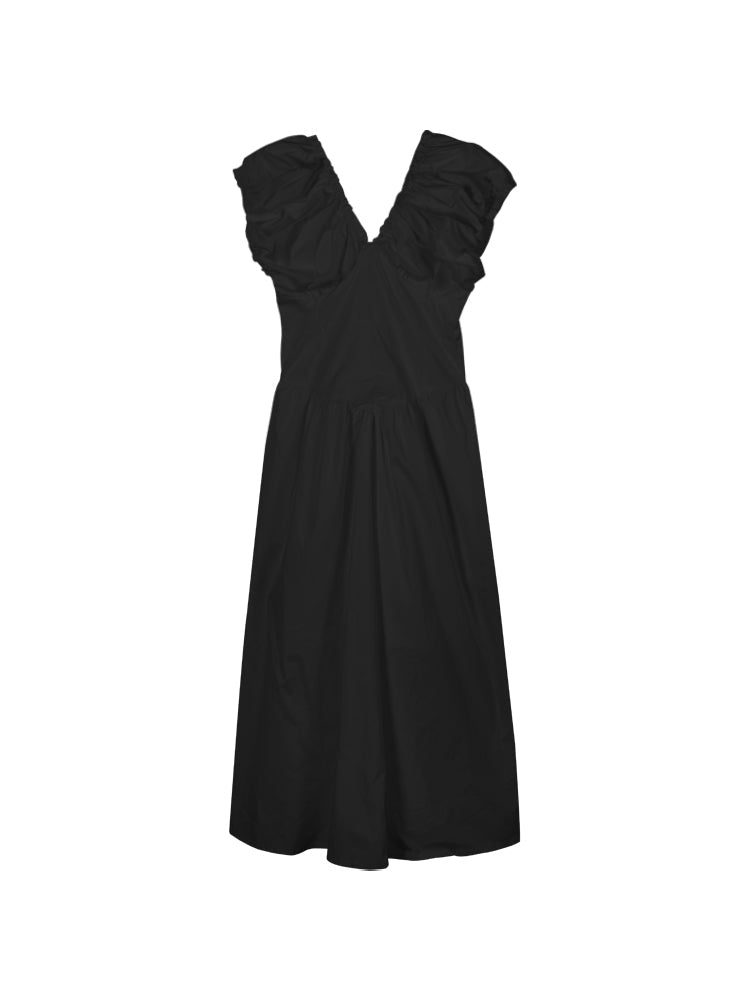 Zllkl Zianna Solid Color French V-neck Puff Short Sleeve Ruffled A-Line Long Maxi Dress