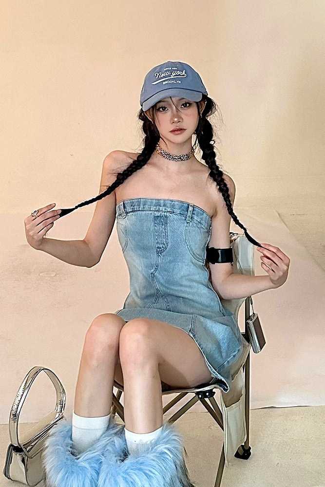 Zllkl Oriel Denim Blue Washed Vintage Sleeveless Bandeau Mini Dress