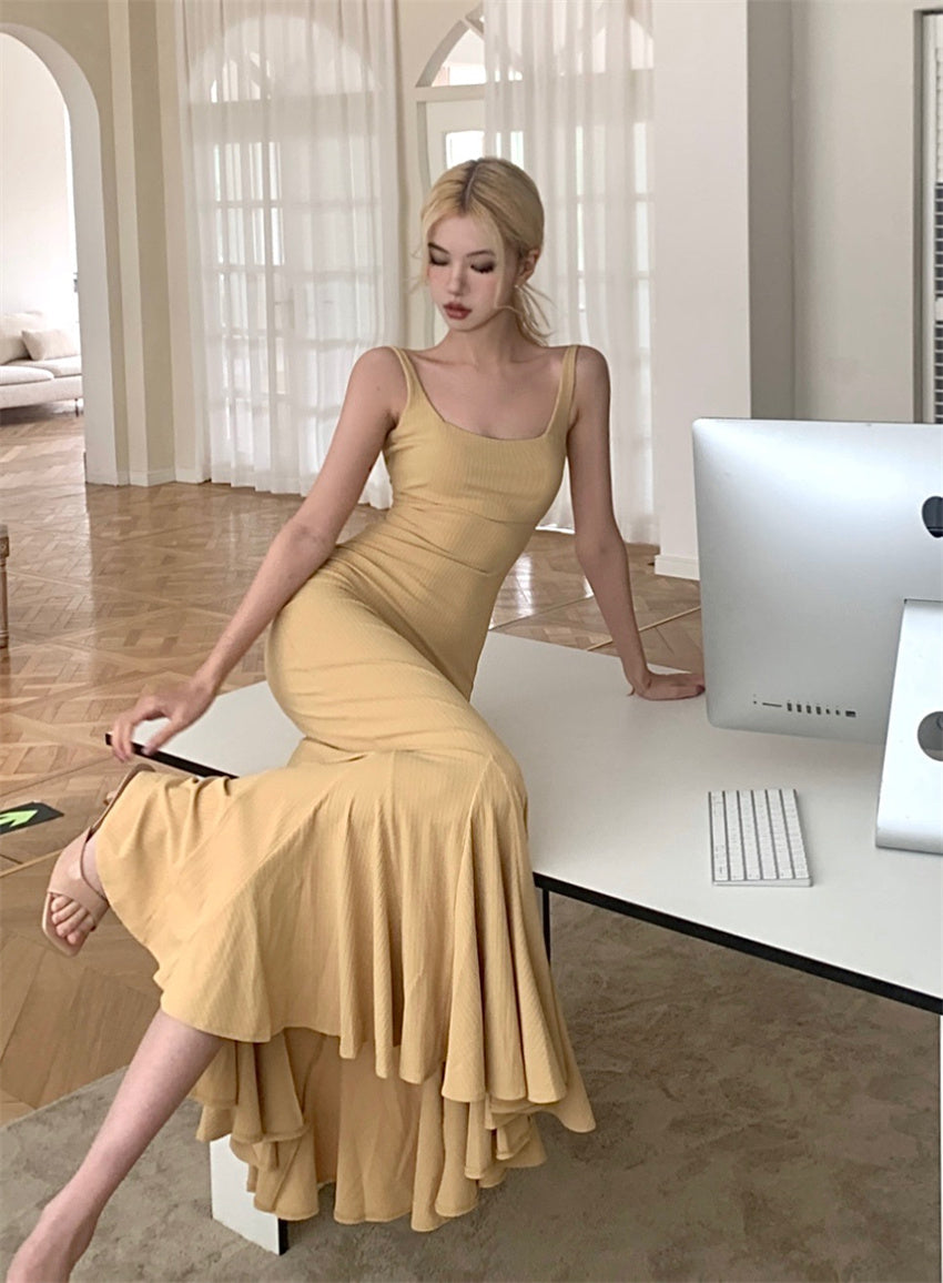 Zllkl Gladi Solid Color Yellow French Slim Slip Long Fishtail Dress