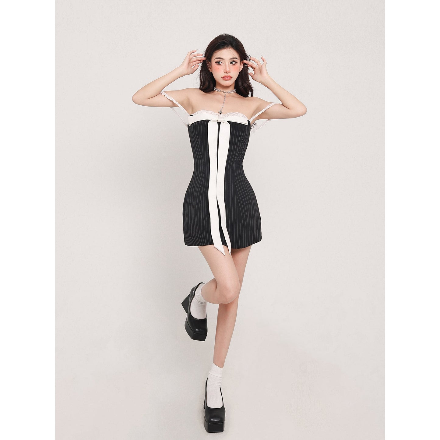 Zllkl Zia Stripe White Front Bow Slip Off-the-Shoulder Mini Dress