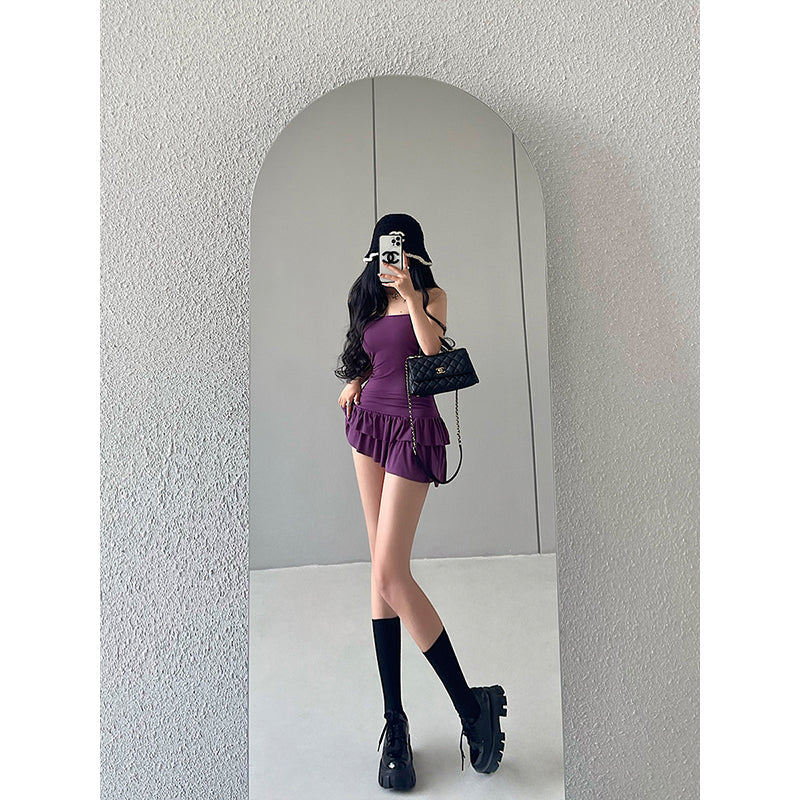 Zllkl Naya Solid Color Slim Folds Bandeau Double Ruffled Layer Mini Dress