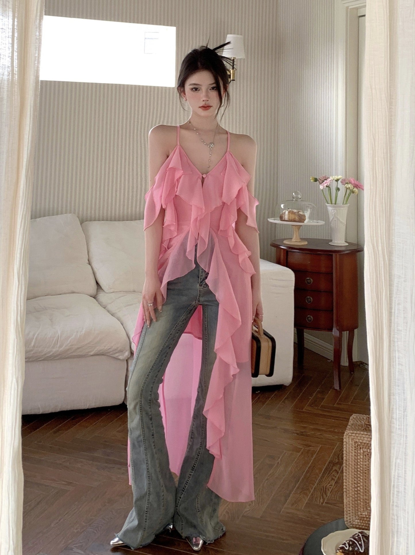 Zllkl Barbra Solid Color Pink Mesh Slip Midi Irregular Ruffled A-line Split Dress