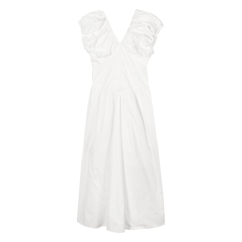 Zllkl Zianna Solid Color French V-neck Puff Short Sleeve Ruffled A-Line Long Maxi Dress