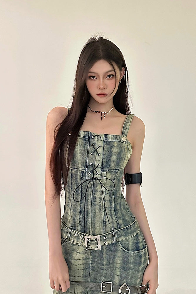Zllkl Dania Denim Washed Pattern Wide Strap Lace Up Waist Belt Slim Mini Dress