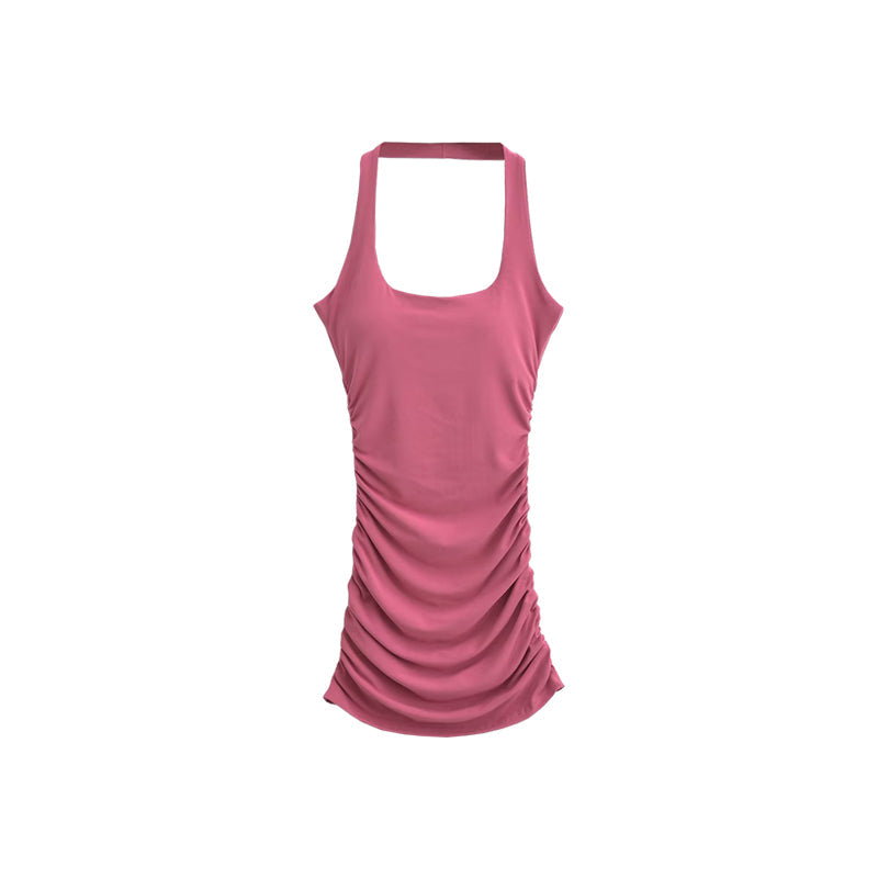Zllkl Devena Solid Color Pleated Halter Backless Sleeveless Slim Mini Dress