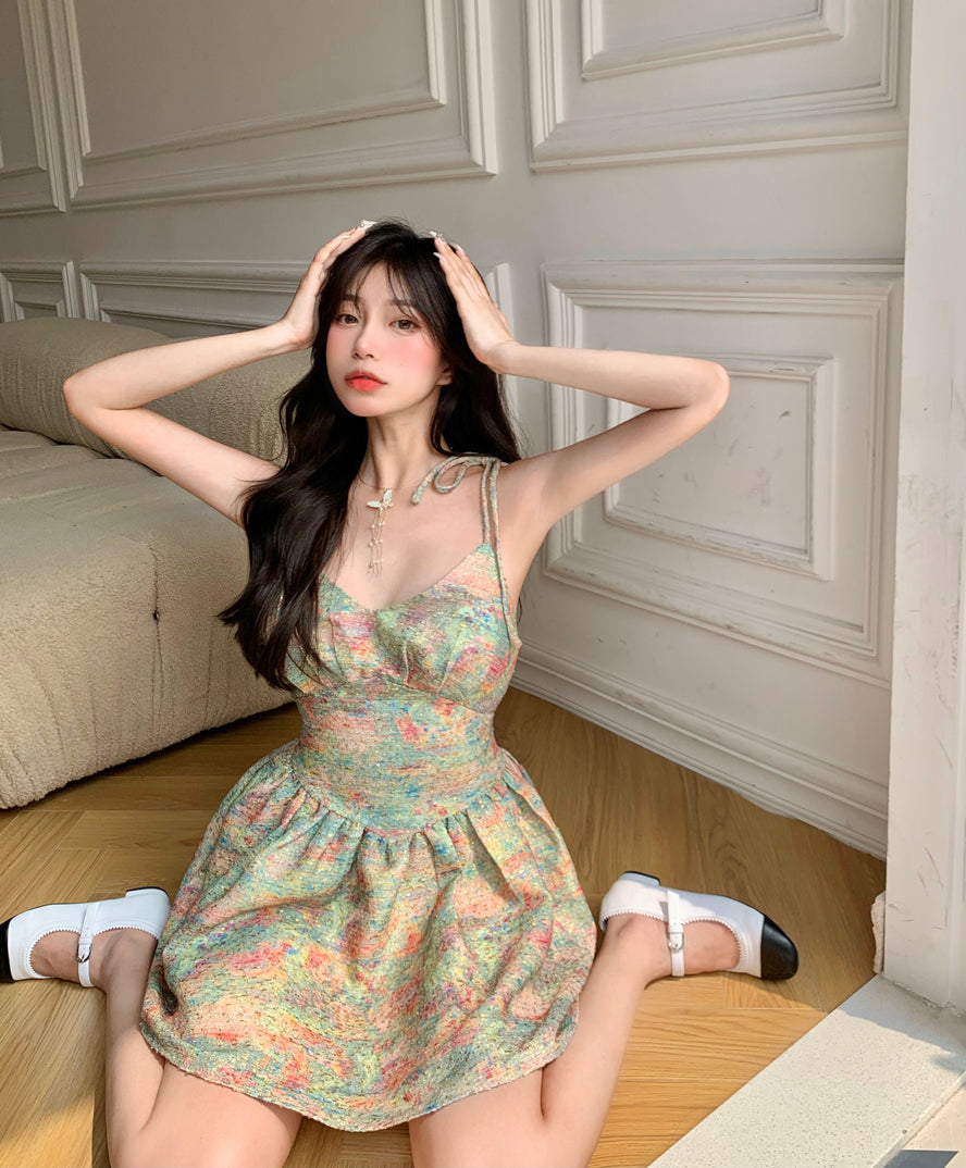 Zllkl Laura Green Floral Slip V-Neck Small Waist Puffy Pleated Mini Dress