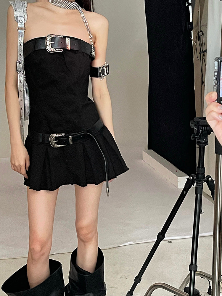 Zllkl Camile Solid Color Denim Black Sleeveless Bandeau Pleated Mini Dress