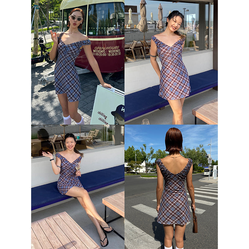 Zllkl Grazelda Blue Plaid Retro V-neck Backless Off-the-Shoulder Wide Sleeve A-line Mini Dress