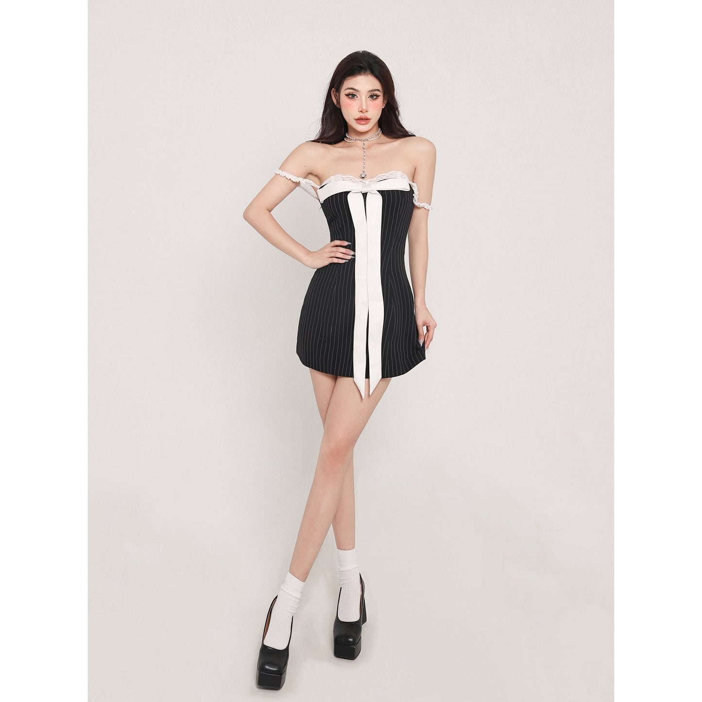 Zllkl Zia Stripe White Front Bow Slip Off-the-Shoulder Mini Dress