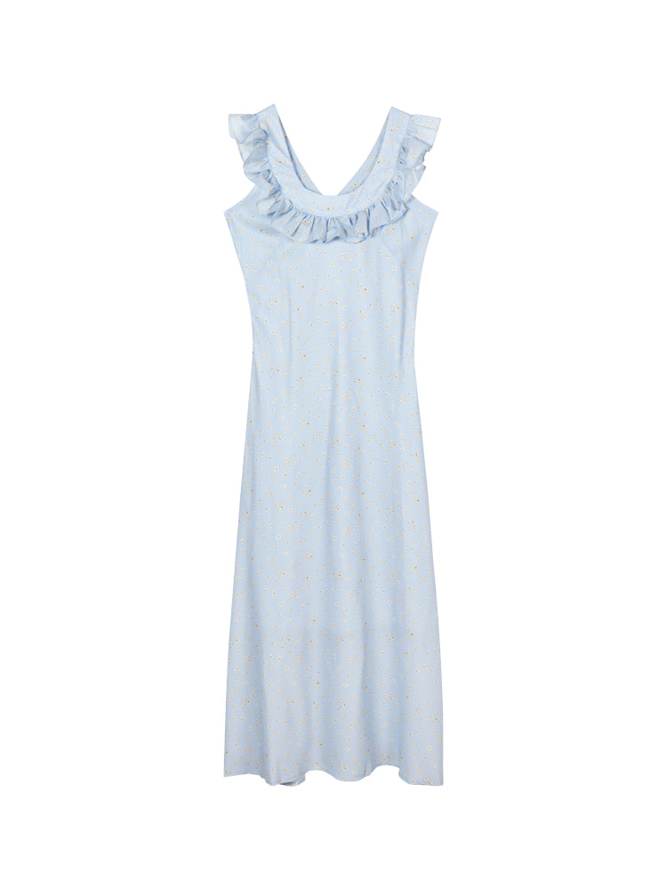 Zllkl Kia Solid Color Blue Floral Square Neck Slip Wide Ruffle Flying Sleeve Backless A-Line Long Dress