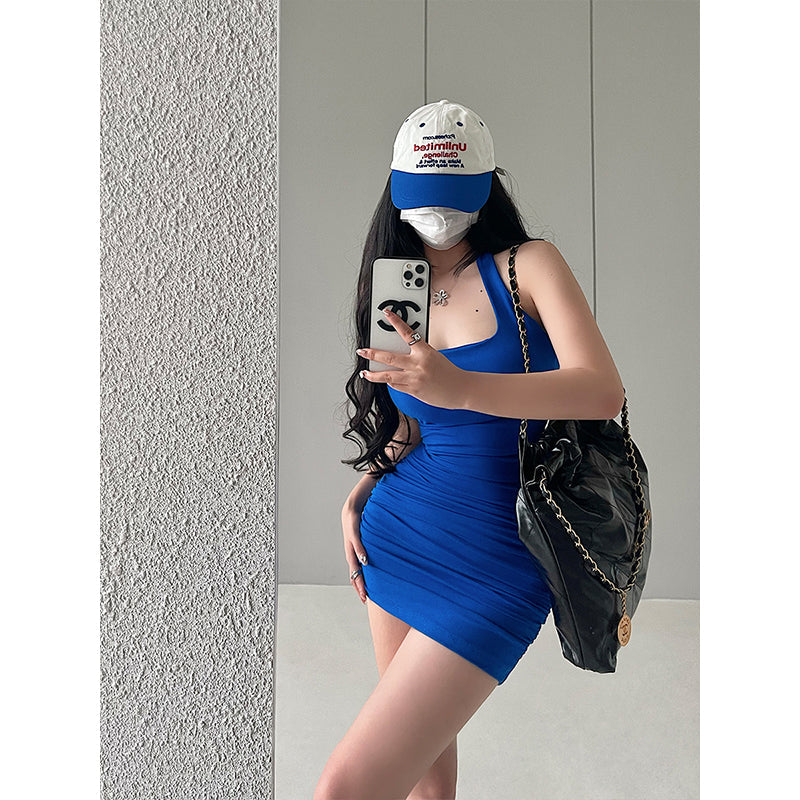 Zllkl Devena Solid Color Pleated Halter Backless Sleeveless Slim Mini Dress