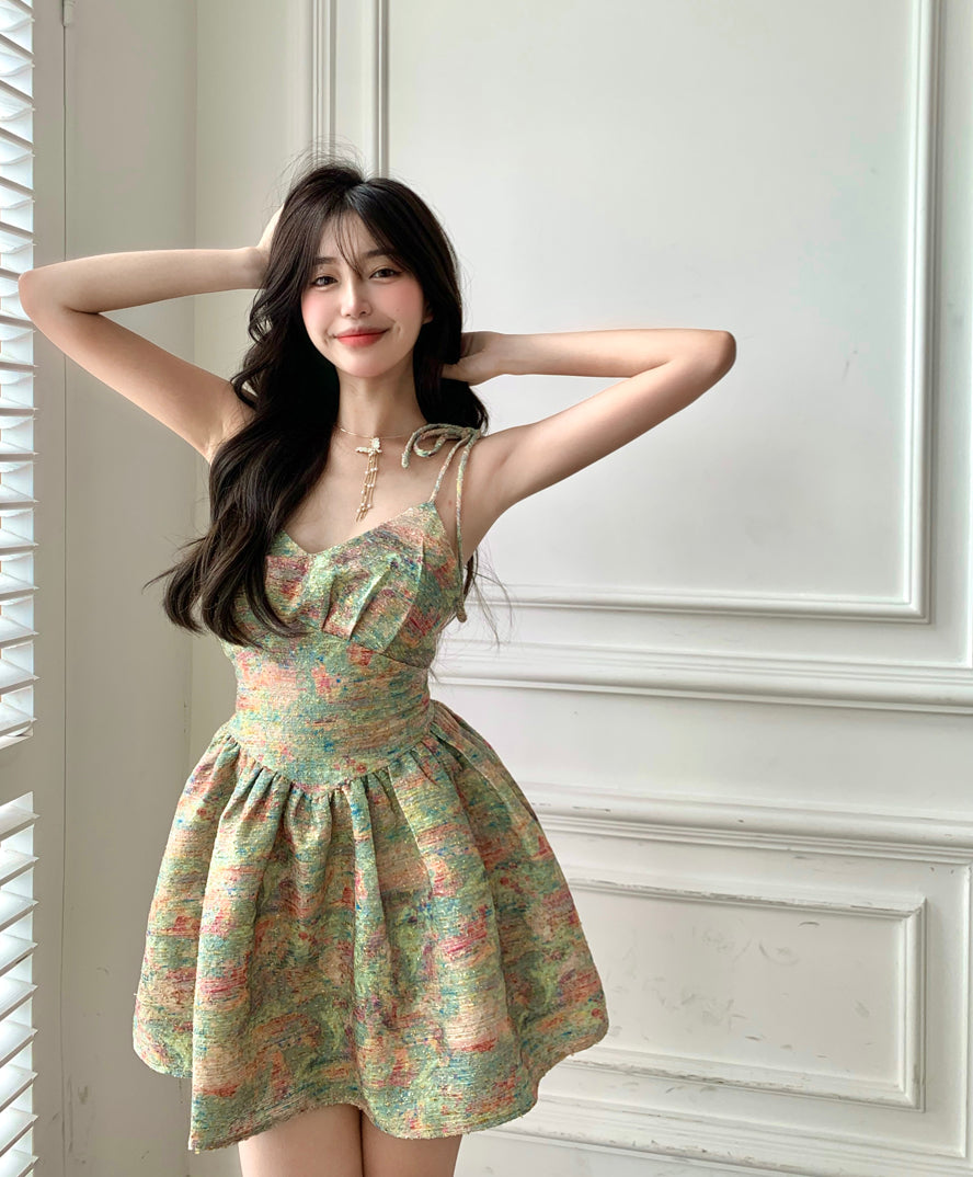 Zllkl Laura Green Floral Slip V-Neck Small Waist Puffy Pleated Mini Dress